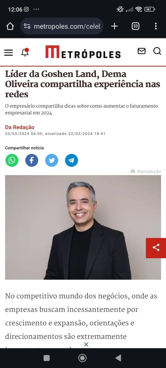 Matéria do Metrópoles: Líder da Goshen Land, Dema Oliveira compartilha experiência nas redes